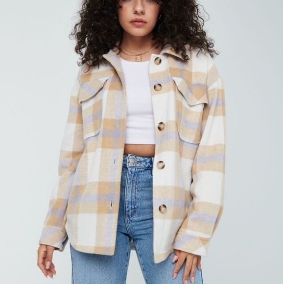 NWOT GARAGE Lavender & Tan Plaid Shacket, Size M - Picture 1 of 8